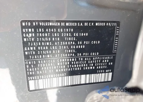 2024 Volkswagen Taos 1.5T Se из США, поврежденный, VIN 3VVEX7B26RM008687